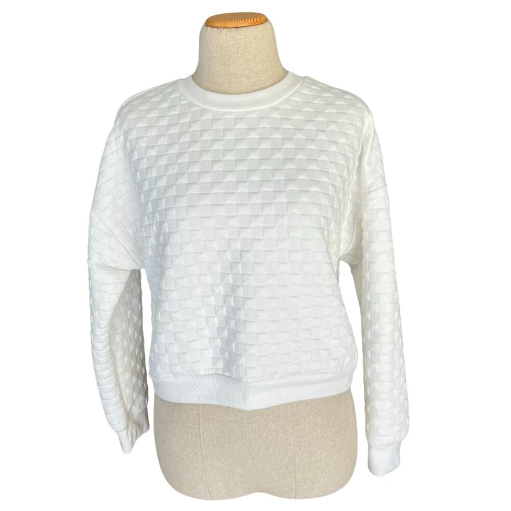 Paper Crane‎ Sweatshirt Womens Medium White Quilted Checkerboard Pullover Fall